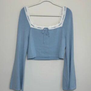 Dee Elly Blue Knit Cropped Top XL White Scallop Trim Cottagecore Style